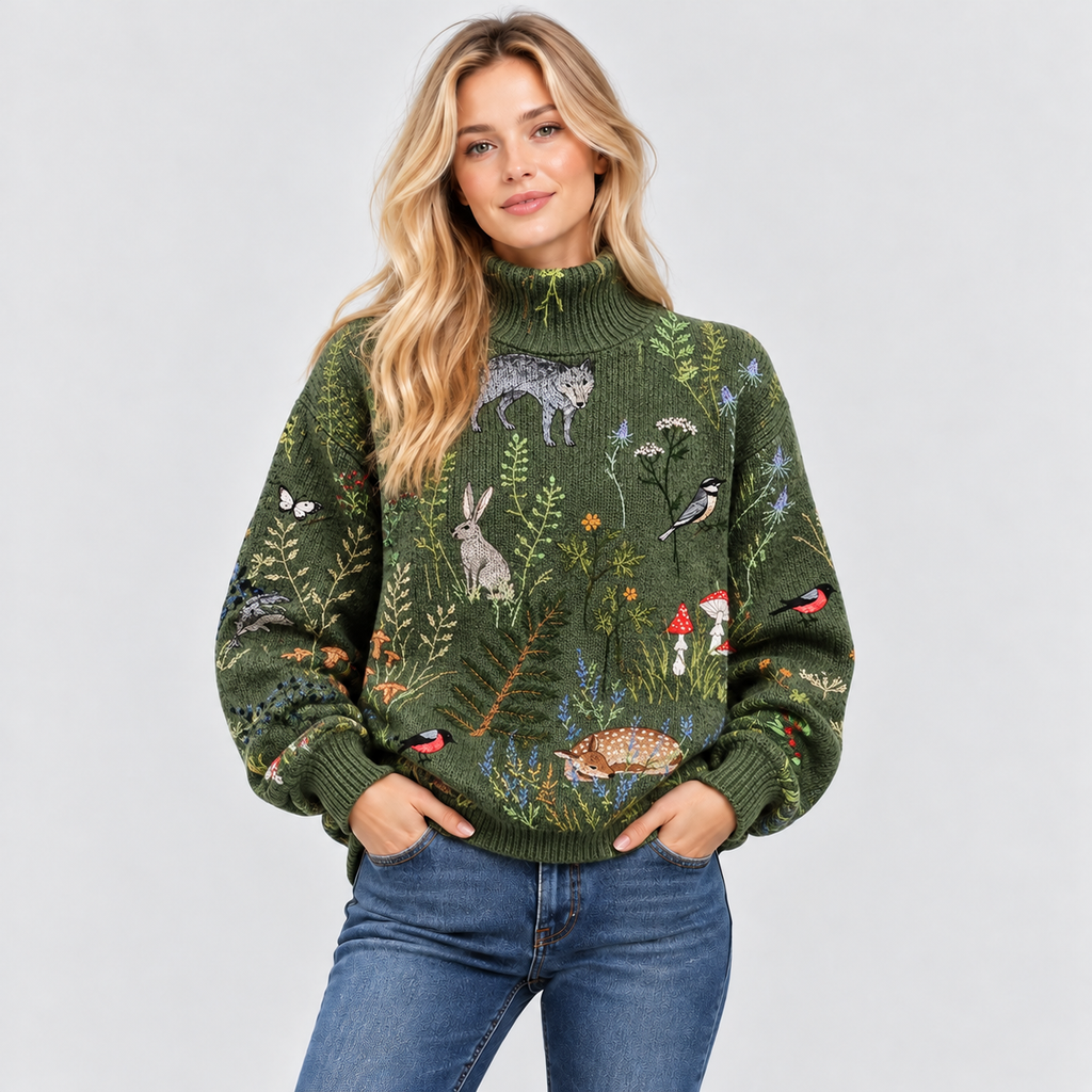 Botanisk Printet Sweater - Rullekrave, Afslappet Strik