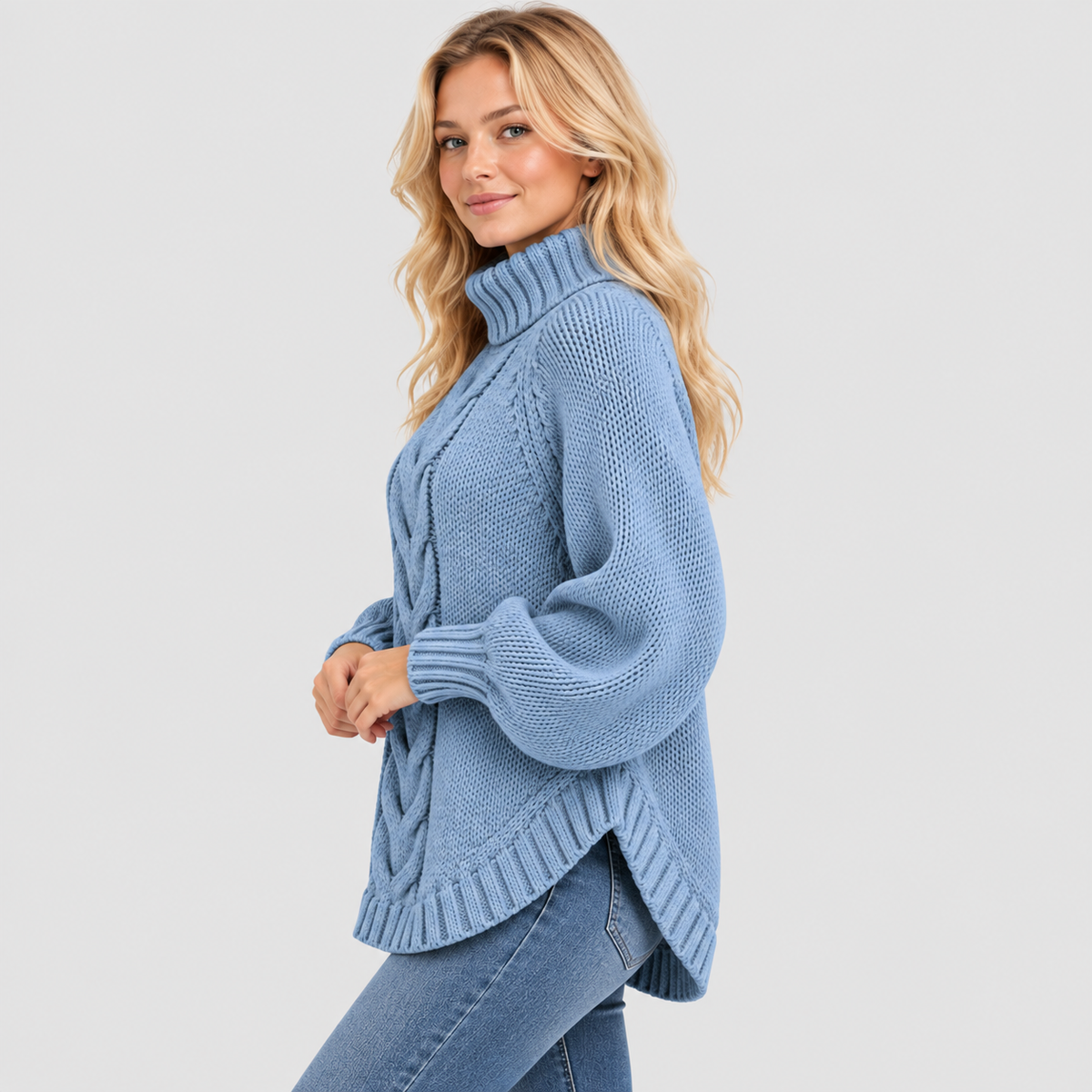 Chunky Strikket Sweater til Damer - Oversized Kabelstrik med Rullekrave