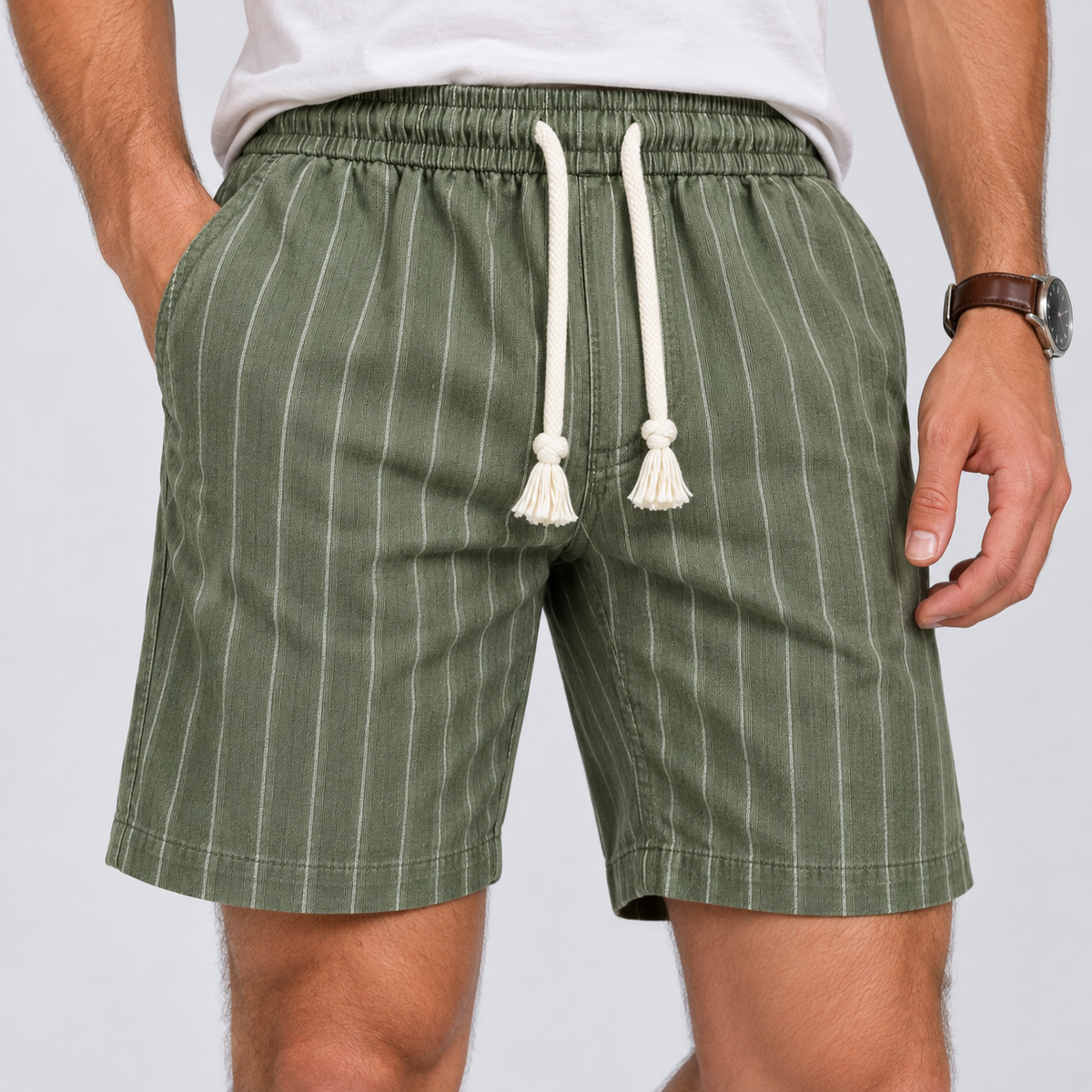 Herre Nålestribede Shorts – Elastisk Talje med Snor