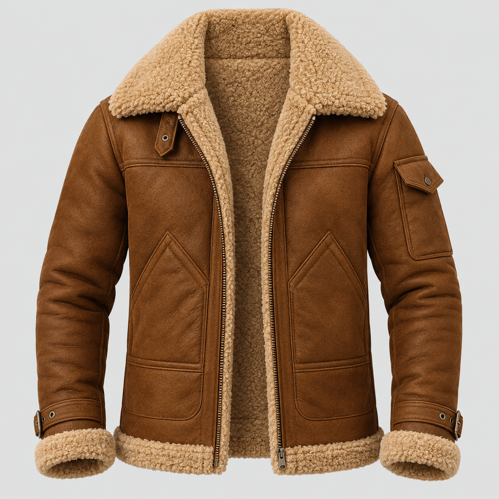 Læderlook Pilotjakke til Herrer - Bred Krave i Shearling-Stil