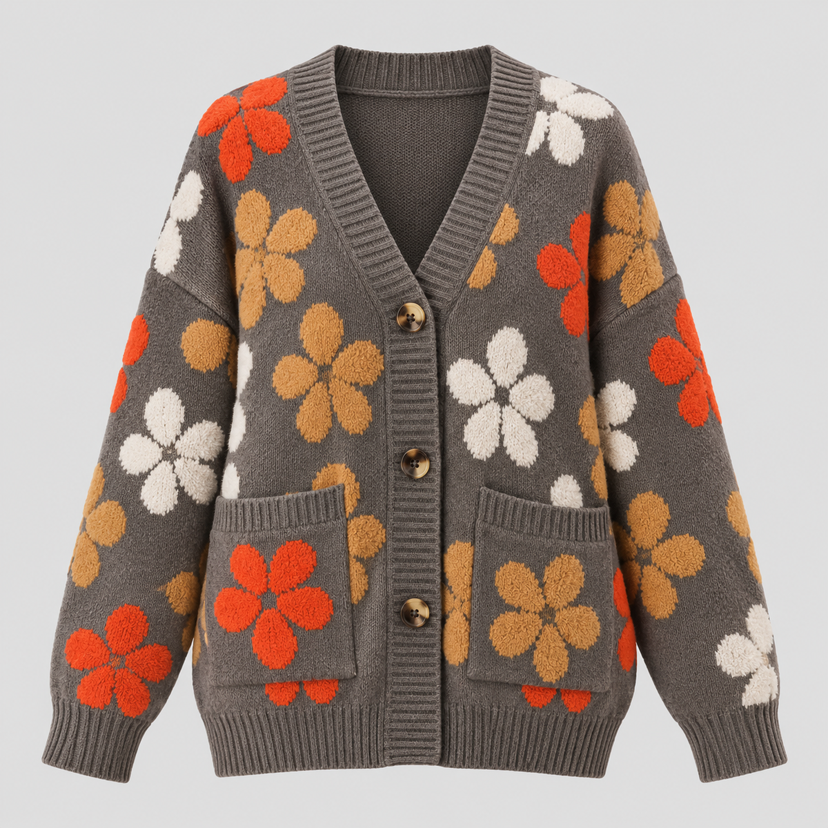 Blomstret Cardigan til Damer - Oversized Strik, Knaplukning Foran