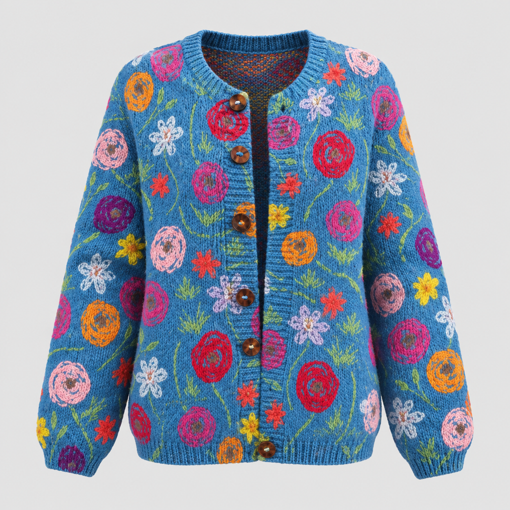 Blomsterprintet Cardigan til Damer - Åben Front, Rund Hals