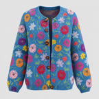 Blomsterprintet Cardigan til Damer - Åben Front, Rund Hals