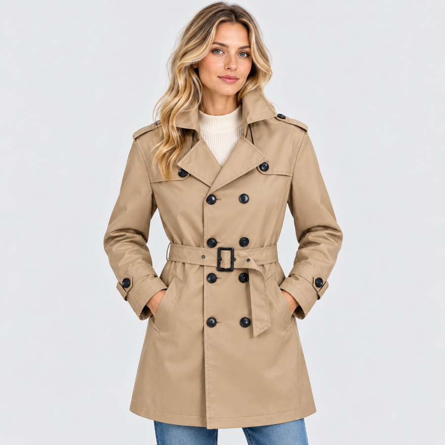 Dobbeltradet Trenchcoat - Bæltet Talje, Revers