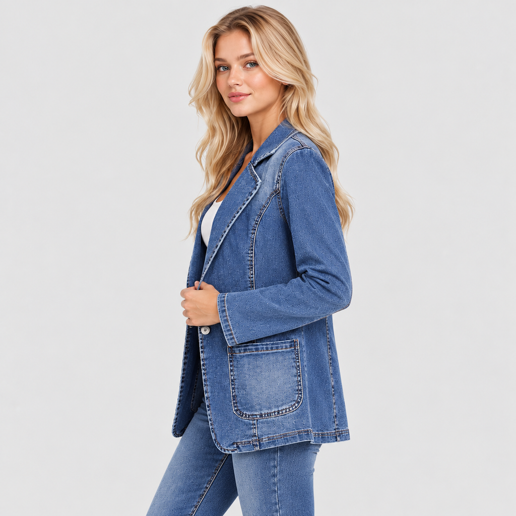 Denimjakke-Blazer til Damer - Reverskrave, Hoftelommer