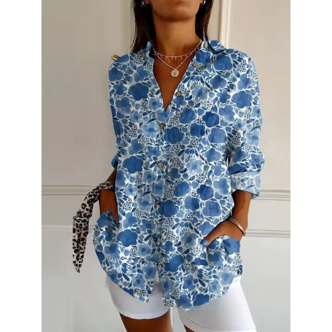 Boheme bluse med blomster mønster V hals