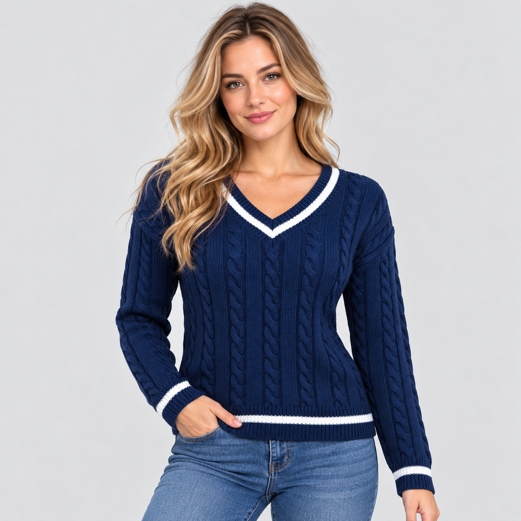 Kabelstrikket Sweater til Damer - V-Hals, Kontrastkant