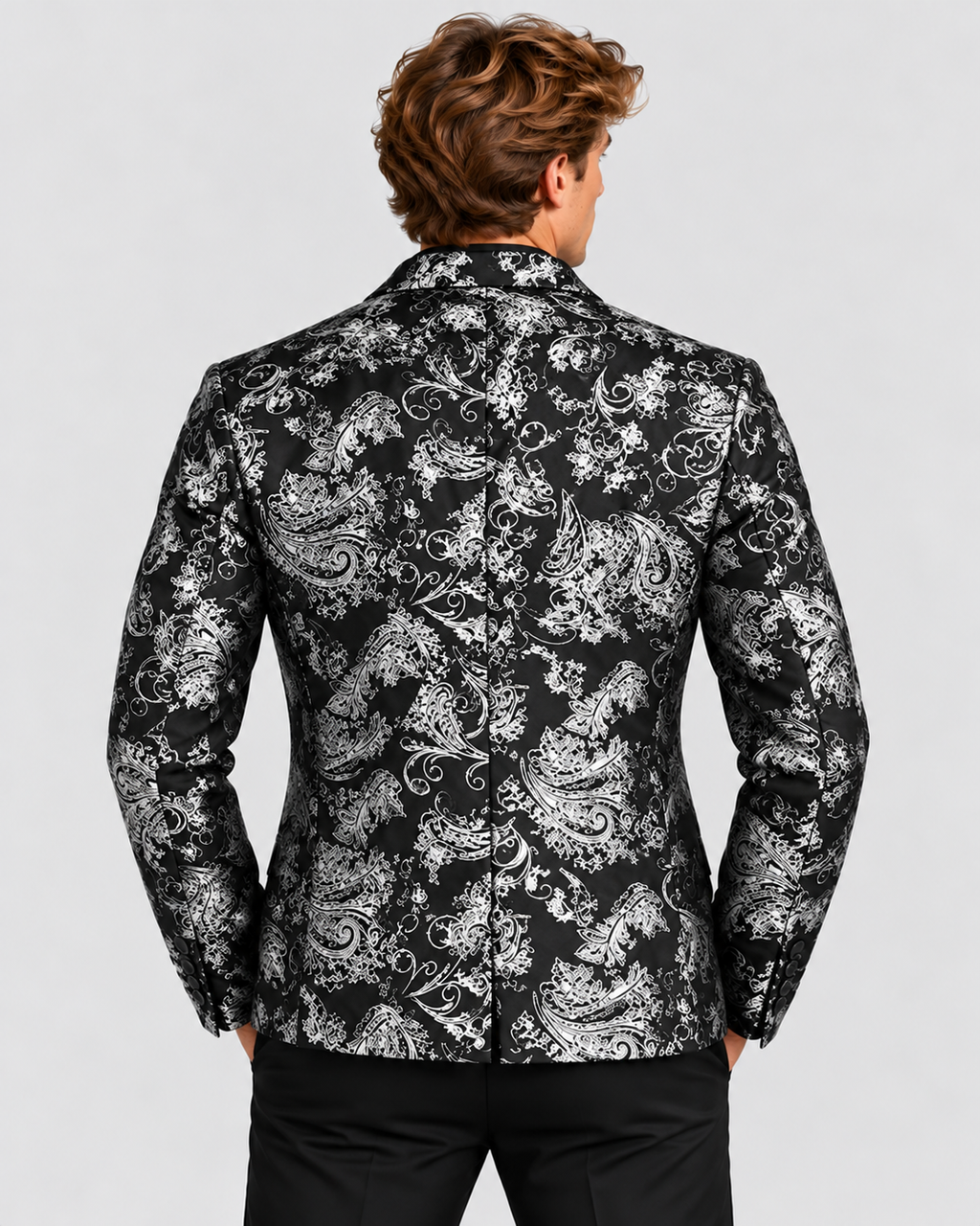 Slim Fit Blazer til Herrer - Metallisk Blomsterjacquard, Enkelt Knap