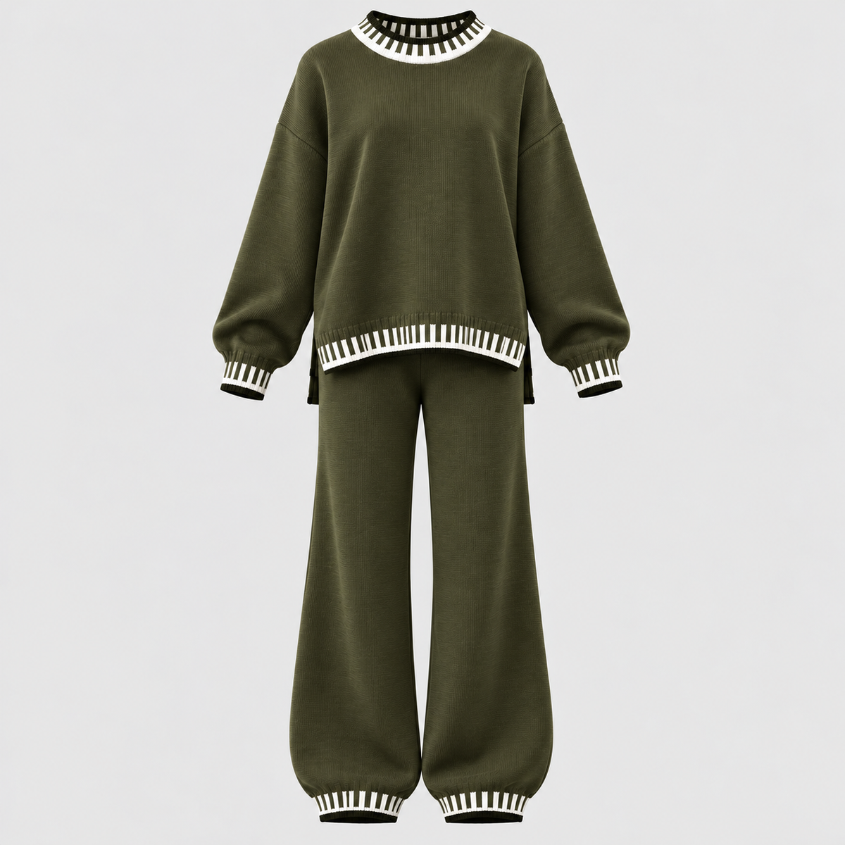Matchende Strikket Sæt til Damer - Sweater med Rund Hals, Brede Bukser