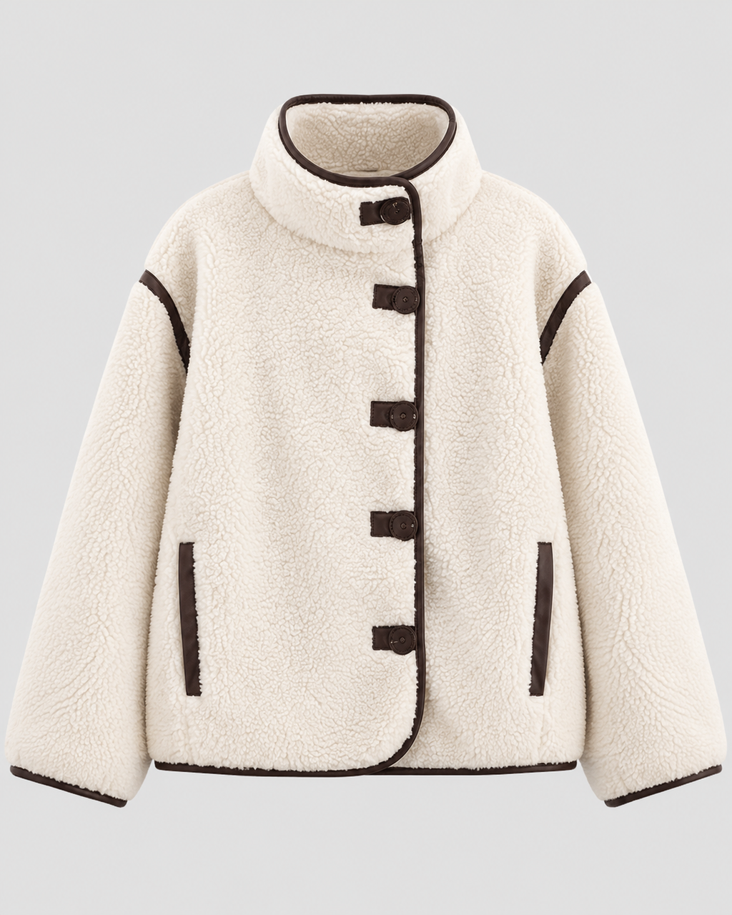 Sherpa-Stil Jakke til Damer - Toggle-Lukning, Mørk Kantning, Ståkrave