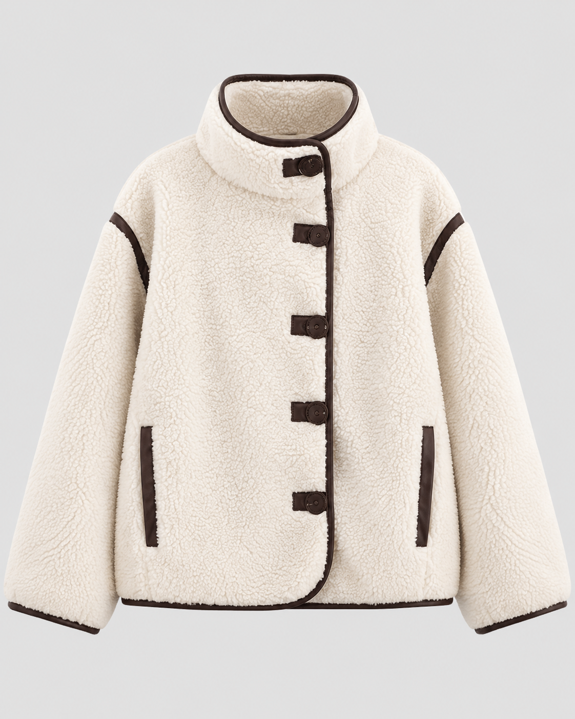 Sherpa-Stil Jakke til Damer - Toggle-Lukning, Mørk Kantning, Ståkrave