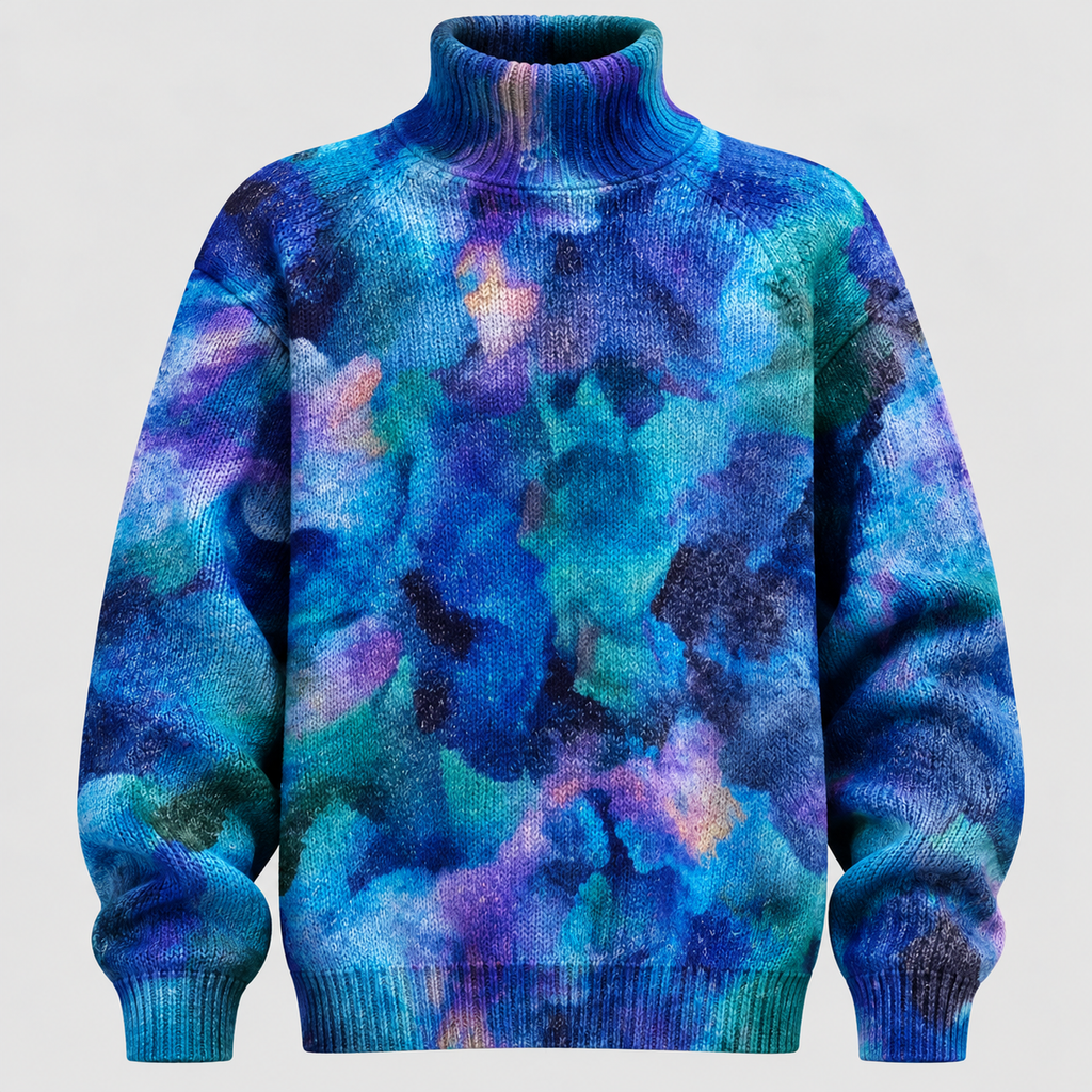 Botanisk Printet Sweater - Rullekrave, Afslappet Strik