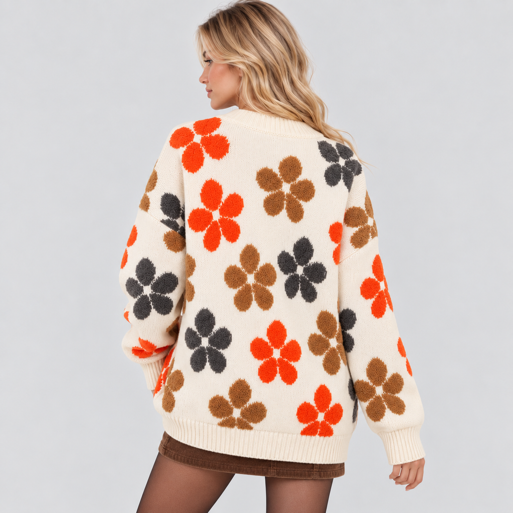 Blomstret Cardigan til Damer - Oversized Strik, Knaplukning Foran