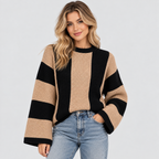 Stribet Sweater til Damer - Tan og Sort Blokstribet Strik