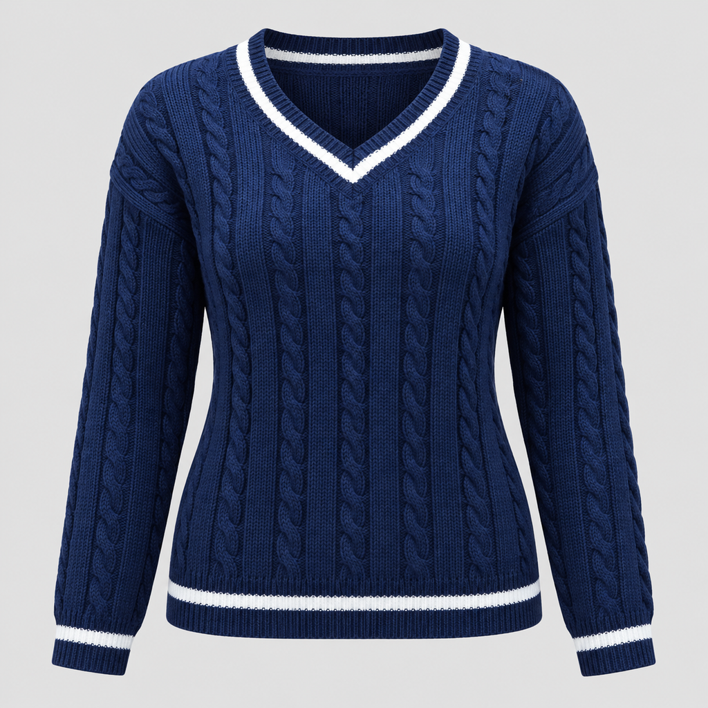 Kabelstrikket Sweater til Damer - V-Hals, Kontrastkant