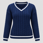 Kabelstrikket Sweater til Damer - V-Hals, Kontrastkant