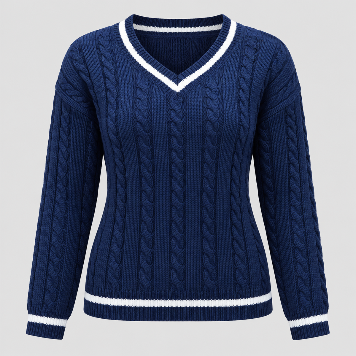 Kabelstrikket Sweater til Damer - V-Hals, Kontrastkant