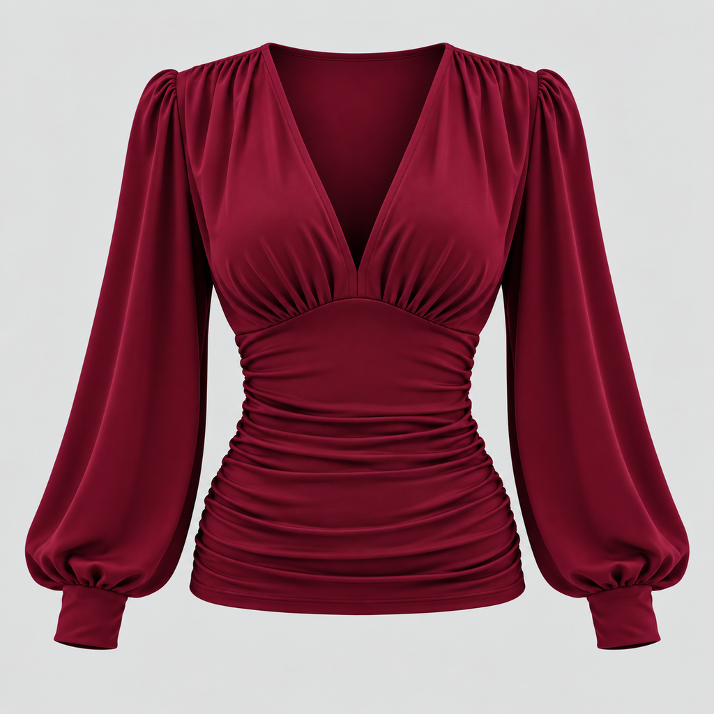 Dame Dyb V-Hals Bluse – Langærmet Wrap Front Top