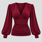 Dame Dyb V-Hals Bluse – Langærmet Wrap Front Top