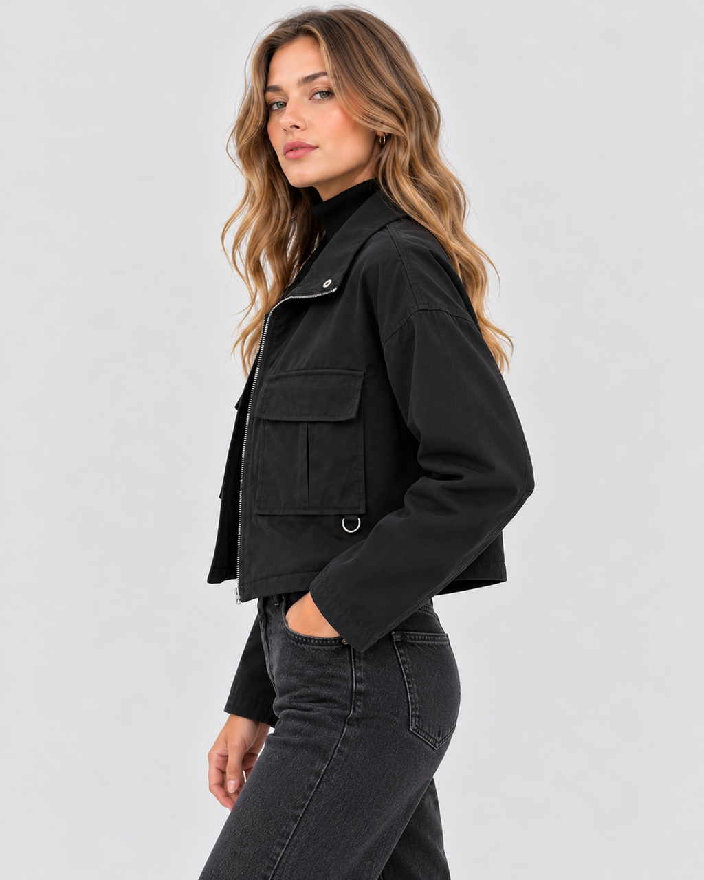 Slouchy Cropped Jakke til Damer - Koksgrå Sort, Ståkrave, Brystlommer
