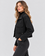 Slouchy Cropped Jakke til Damer - Koksgrå Sort, Ståkrave, Brystlommer