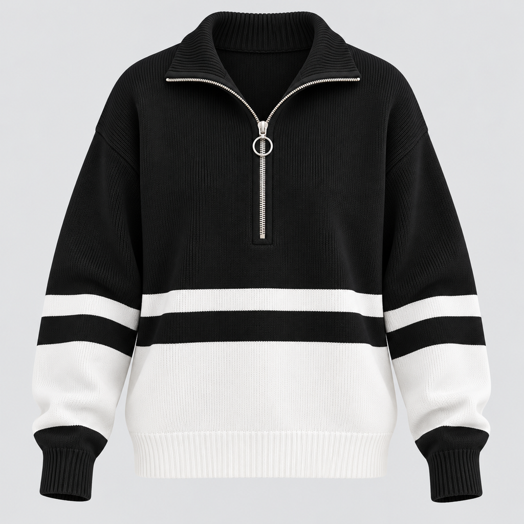 Stribet Sweater med Kort Lynlås til Damer - Colorblock Strik
