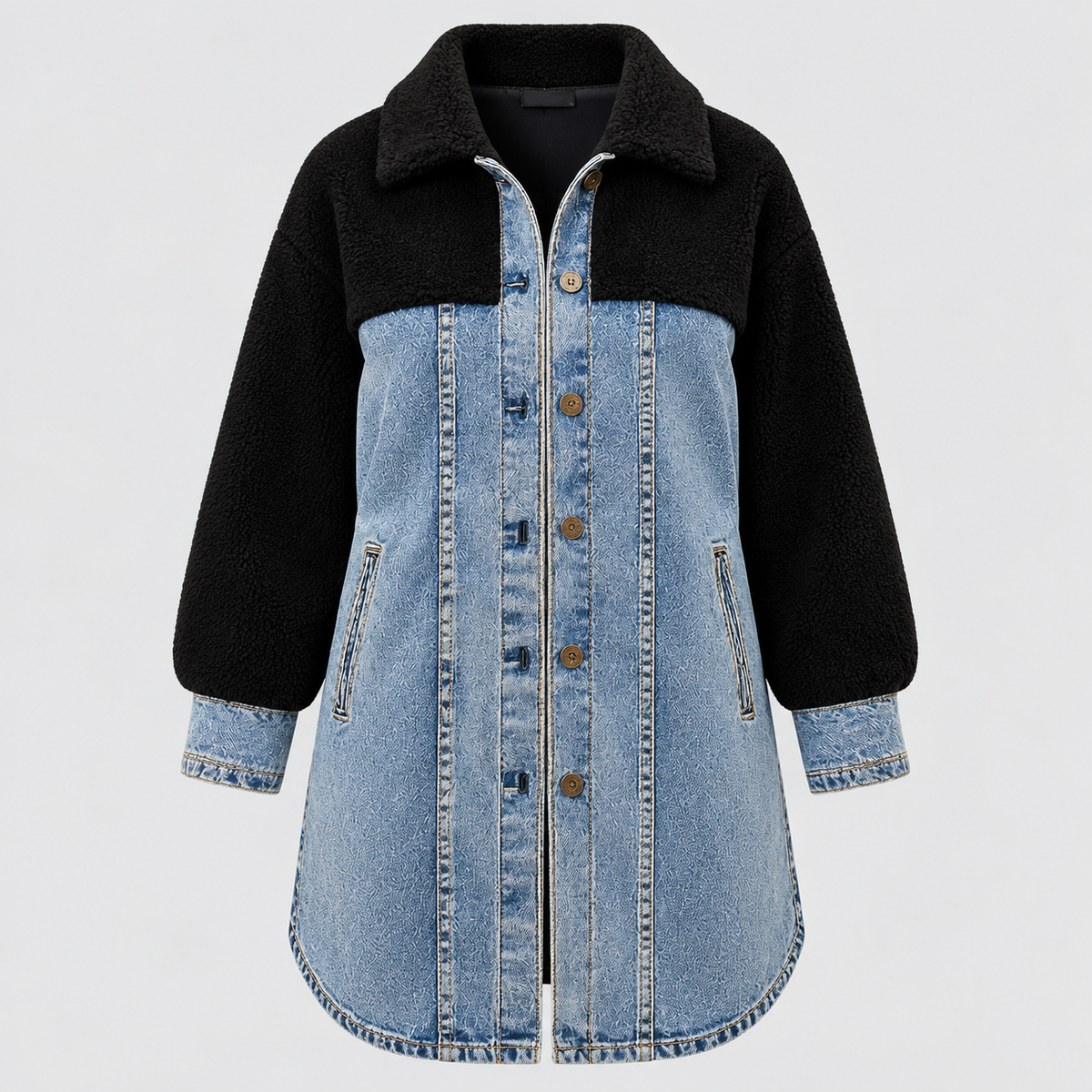 Lang Denimjakke - Sherpa-For, Knaplukning