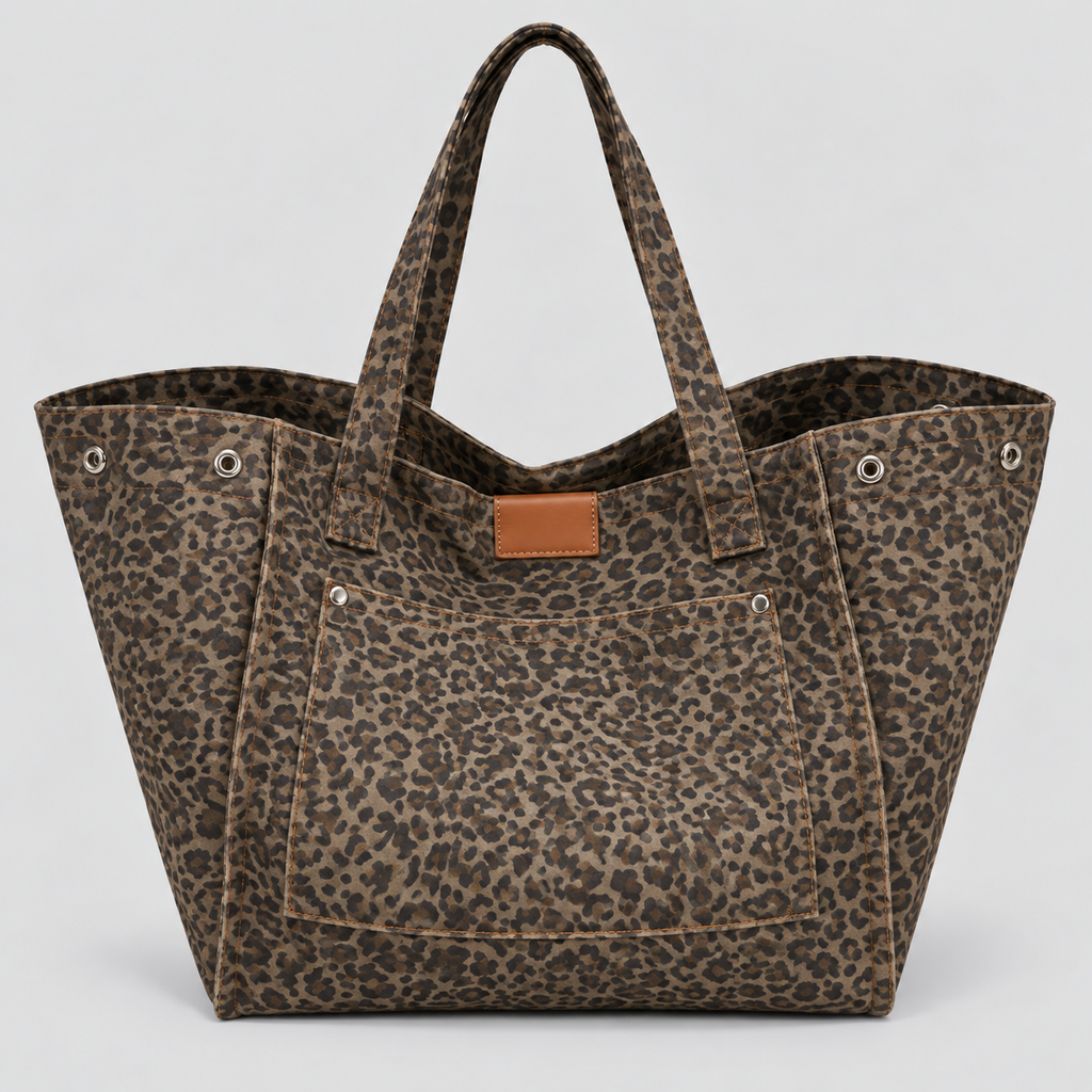Oversized Leopardprintet Canvastaske - Rummelig Skuldertaske
