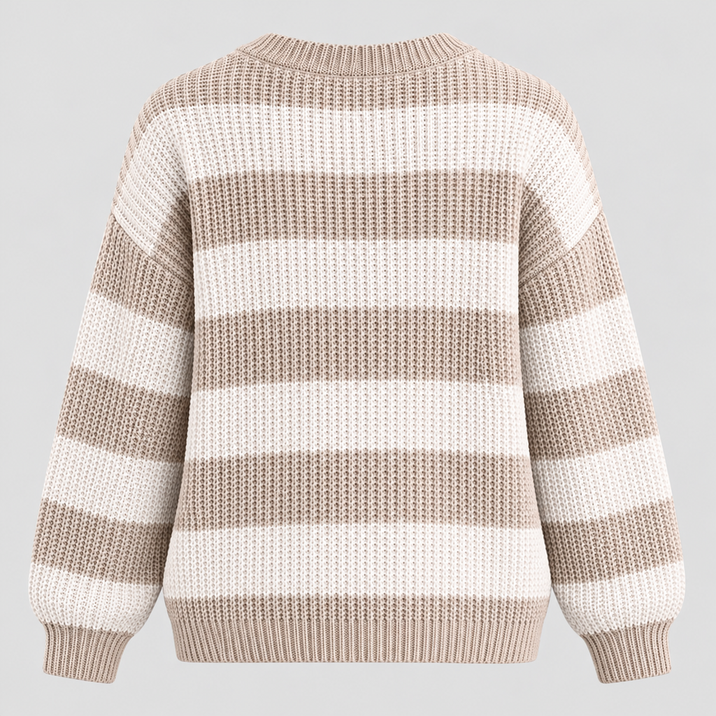 Stribet Grovstrikket Sweater til Damer - Rund Hals, Faldende Skuldre