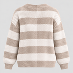 Stribet Grovstrikket Sweater til Damer - Rund Hals, Faldende Skuldre