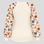 Ribstrikket Sweater til Damer - Lange Ærmer med Blomsterprint