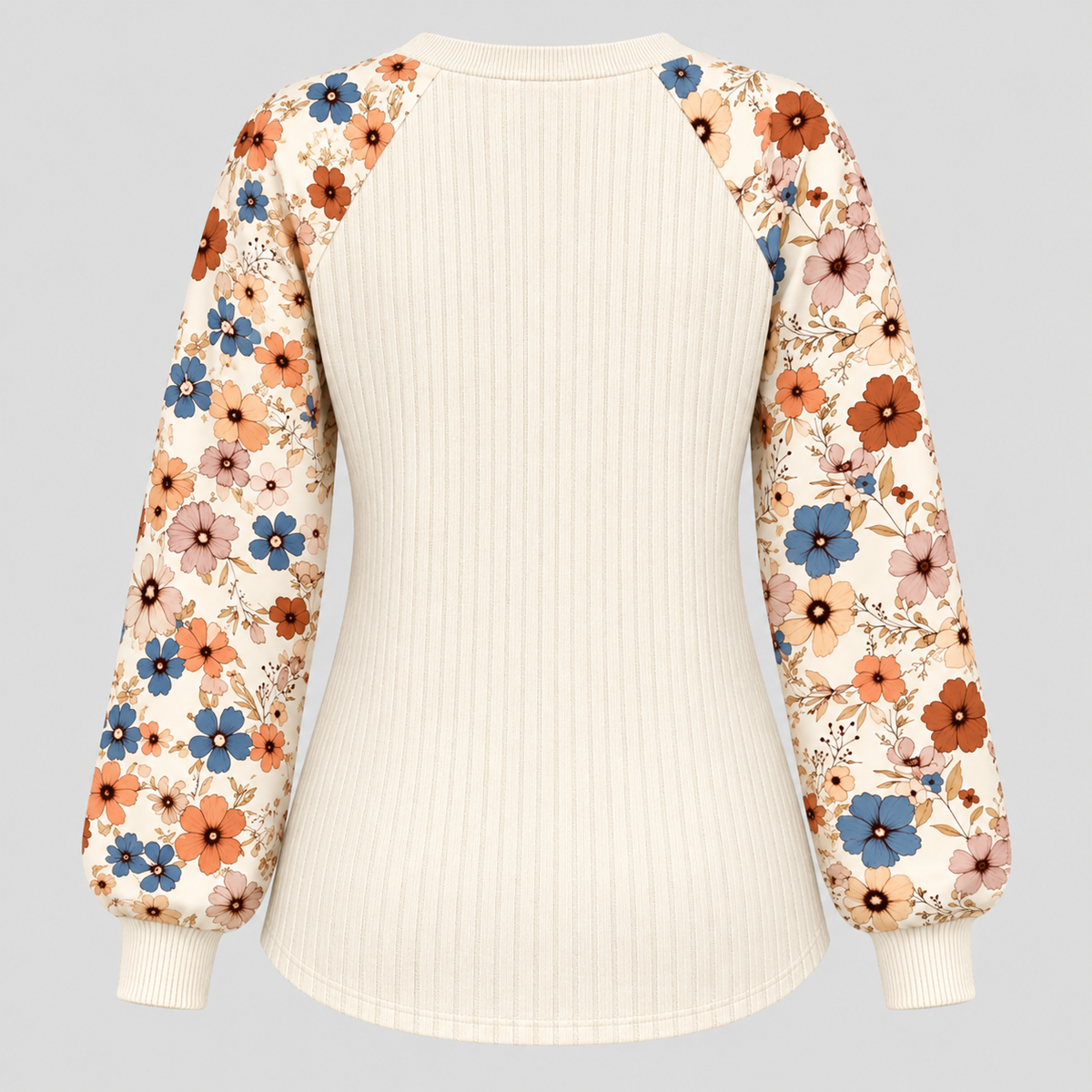 Ribstrikket Sweater til Damer - Lange Ærmer med Blomsterprint