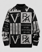 Strikpullover med Blokbogstavsgitter til Herrer - Rund Hals, Ribbet Kant