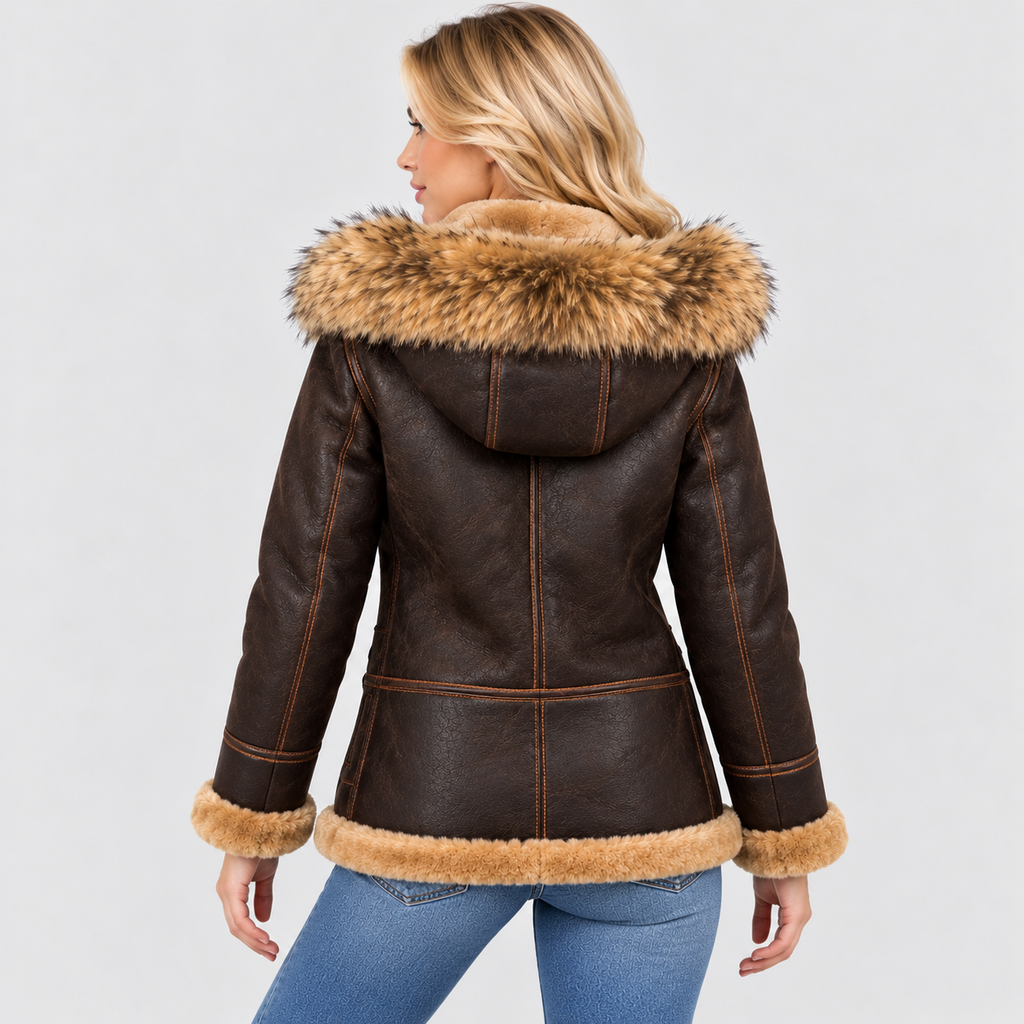 Hættejakke i Shearling-Stil - Mørkebrun, Fleeceforet
