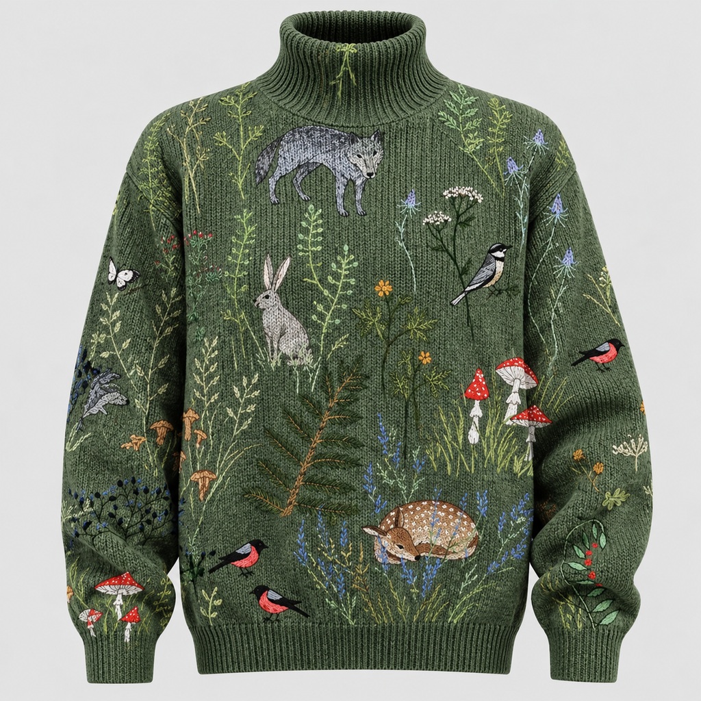 Botanisk Printet Sweater - Rullekrave, Afslappet Strik