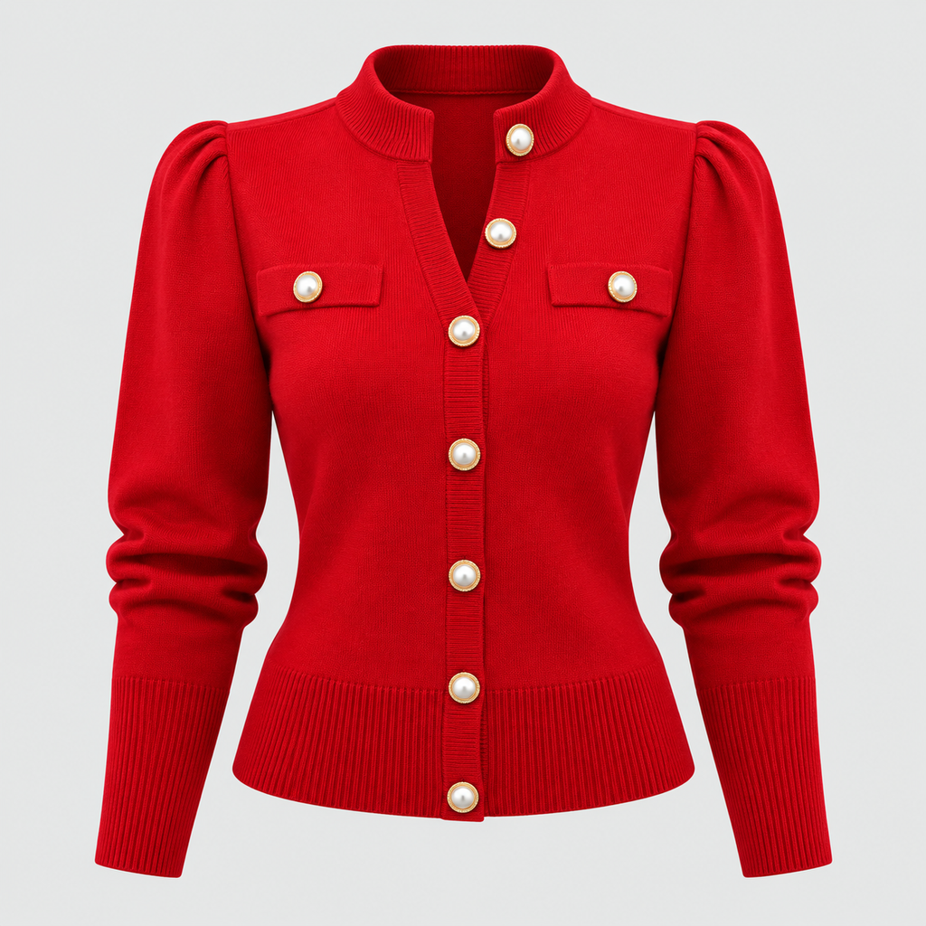 Cropped Strikket Cardigan til Damer - Guldknapper Foran, V-Hals