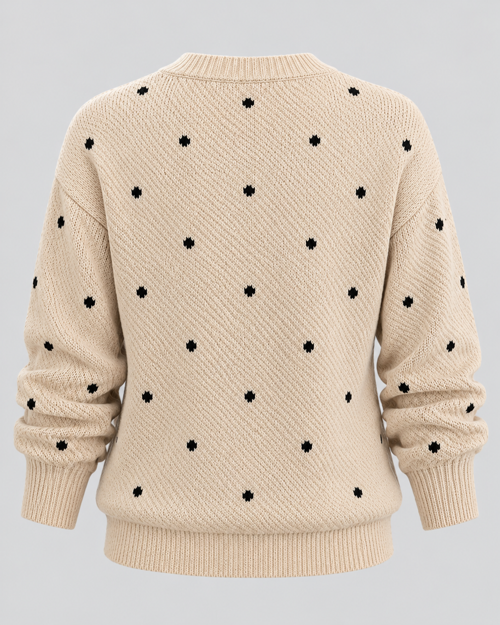 Strikket Sweater med Prikker til Damer - Rund Hals, Ribbede Manchetter