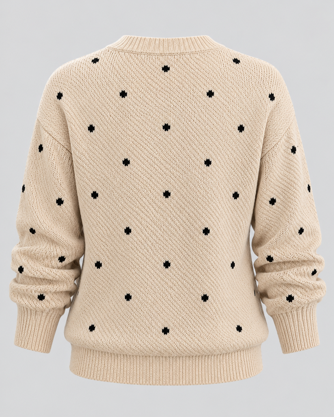 Strikket Sweater med Prikker til Damer - Rund Hals, Ribbede Manchetter
