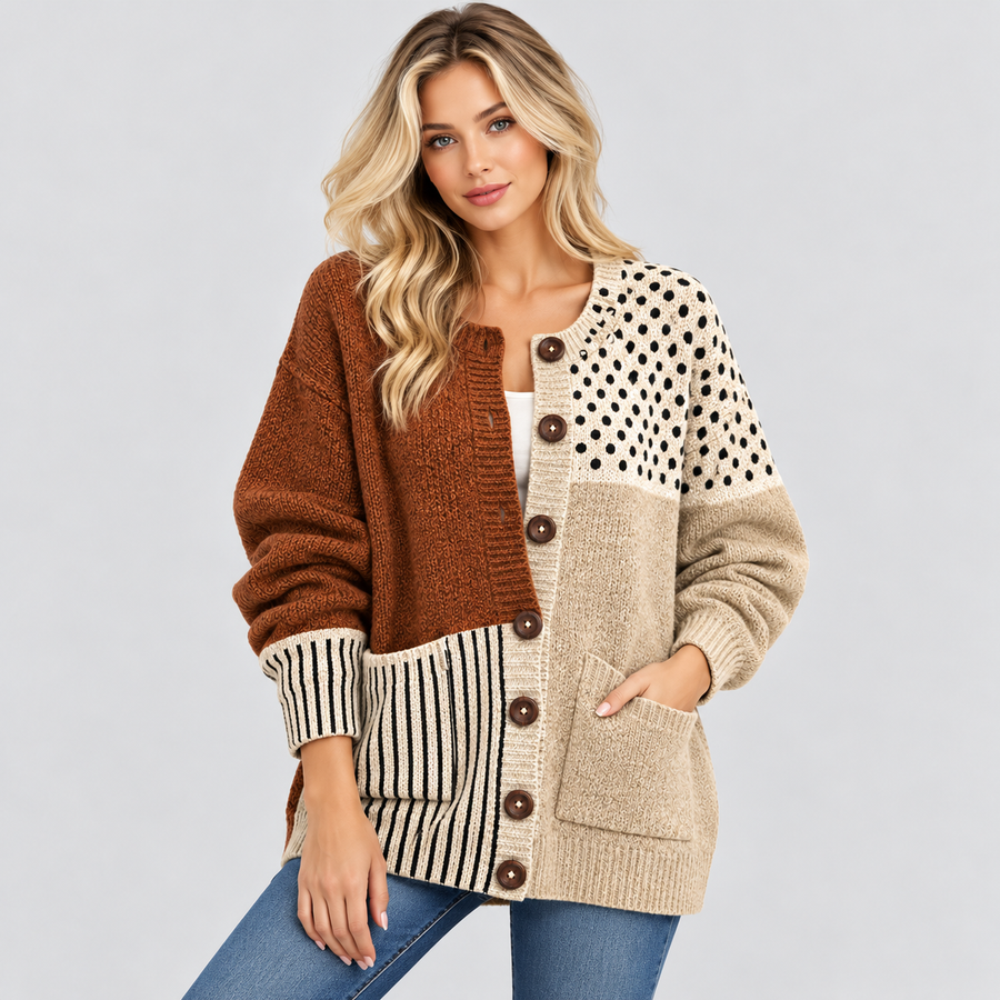 Cardigan med Blandede Paneler - Prikket og Stribet Patchwork-Strik