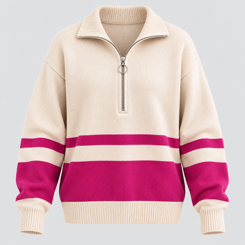 Stribet Sweater med Kort Lynlås til Damer - Colorblock Strik