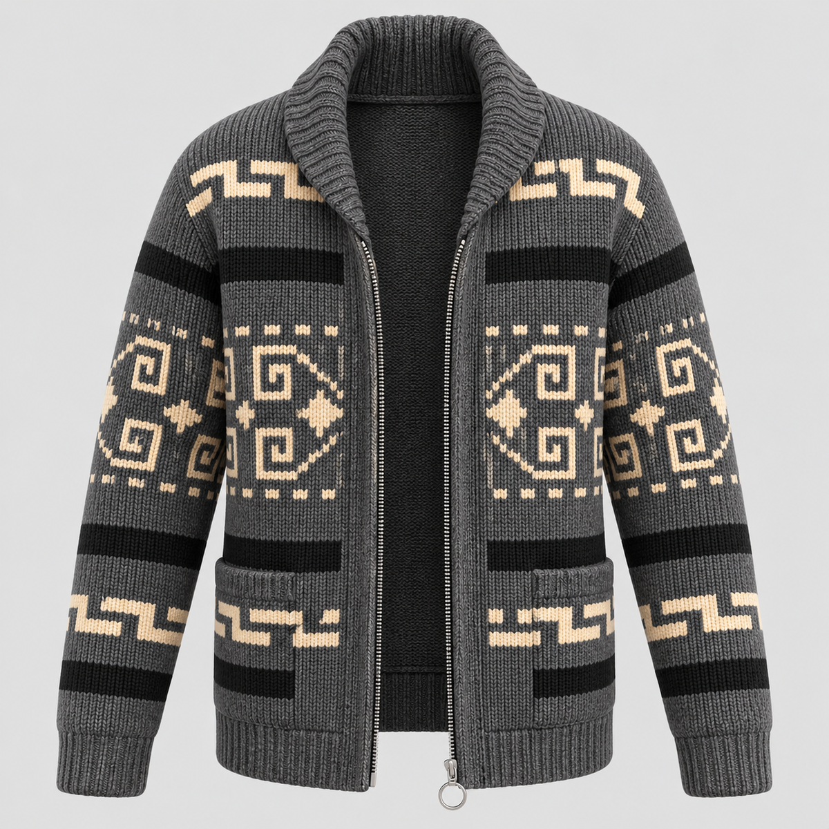 Aztec-mønstret Cardigan - Åben Front Strikket Sweater