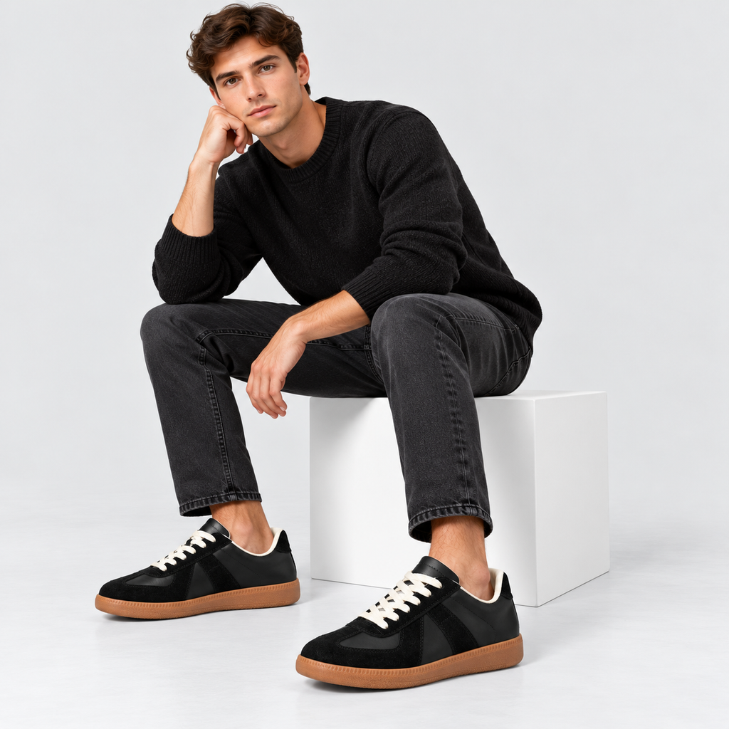 Low-Top Sneakers til Herrer - Sort Læderlook, Ruskindsdetaljer, Gummisål