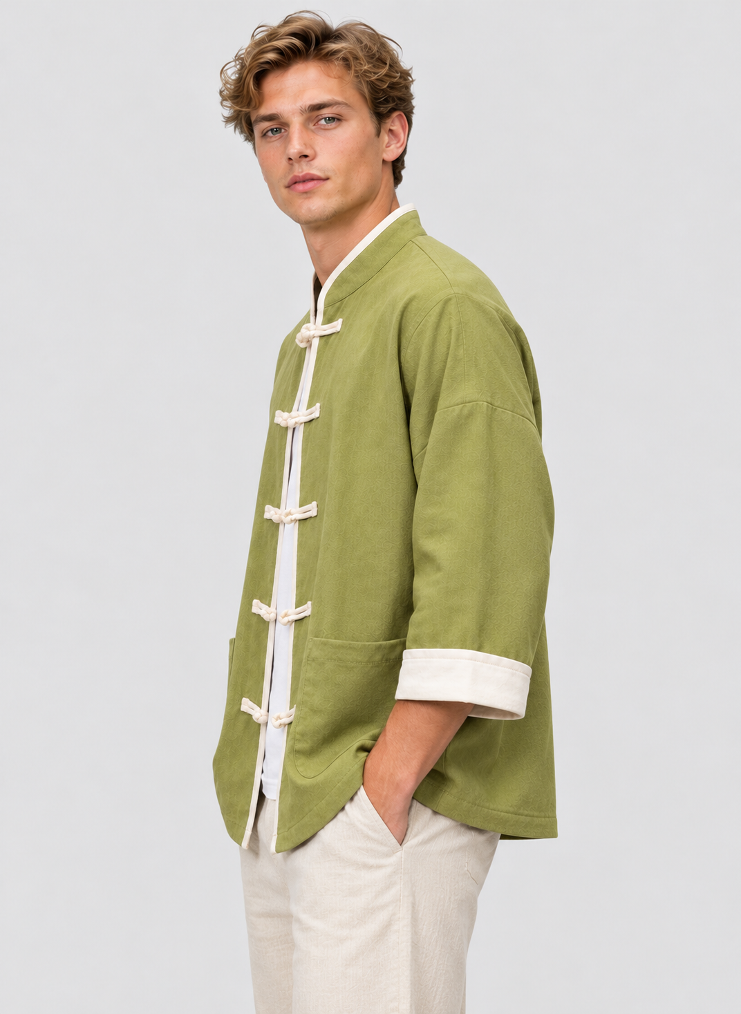 Overshirt med Mandarinkrave til Herrer - Knapsløjfer, Trekvartærmer