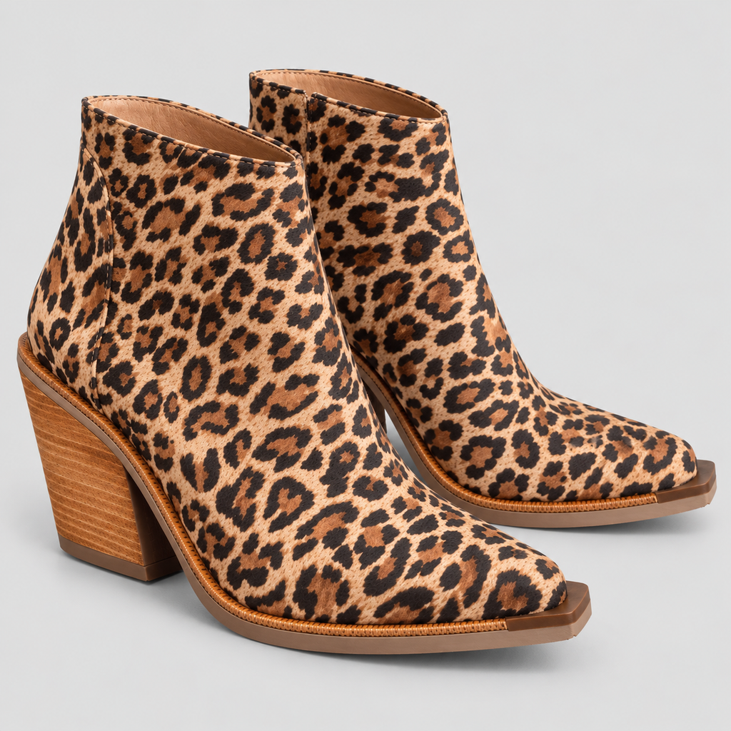 Ankelstøvler med Leopardprint til Damer - Spids Tå, Blokhæl