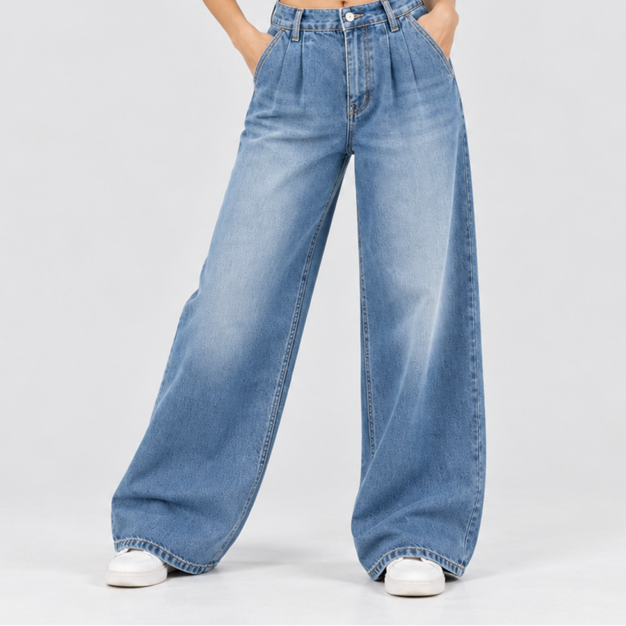 Plisserede Vidbenede Jeans til Damer – Mellemhøj Talje, 100% Bomuld