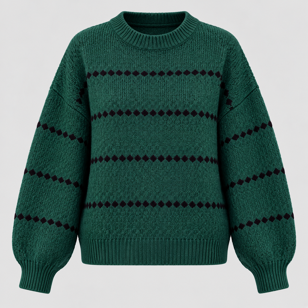 Oversized Popcorn-Strikket Sweater til Damer - Rund Hals, Ribkant