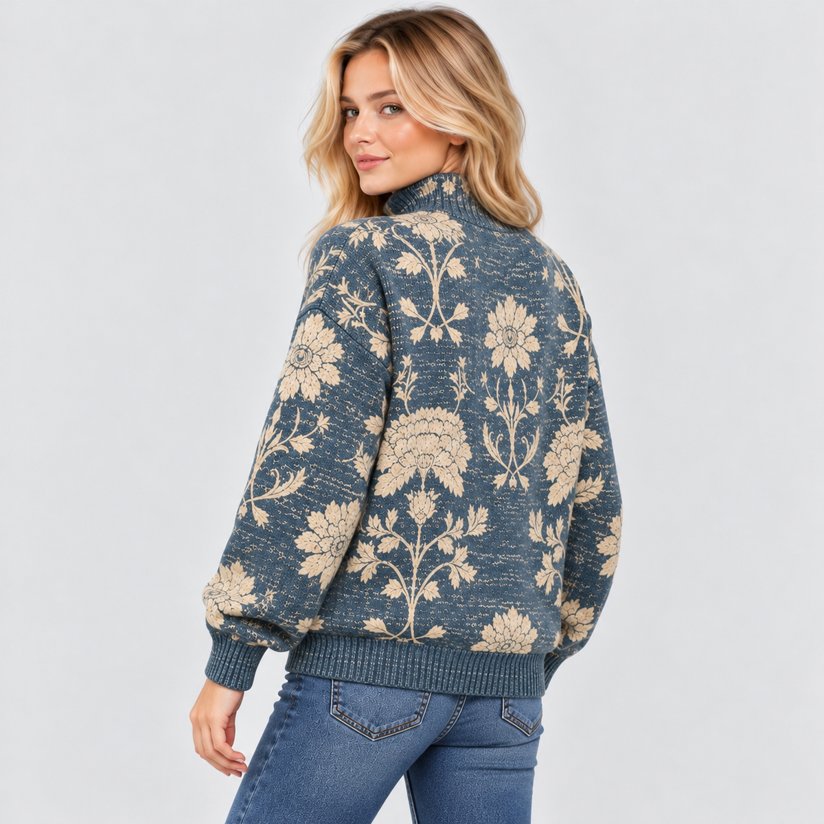 Botanisk Printet Sweater - Rullekrave, Afslappet Strik