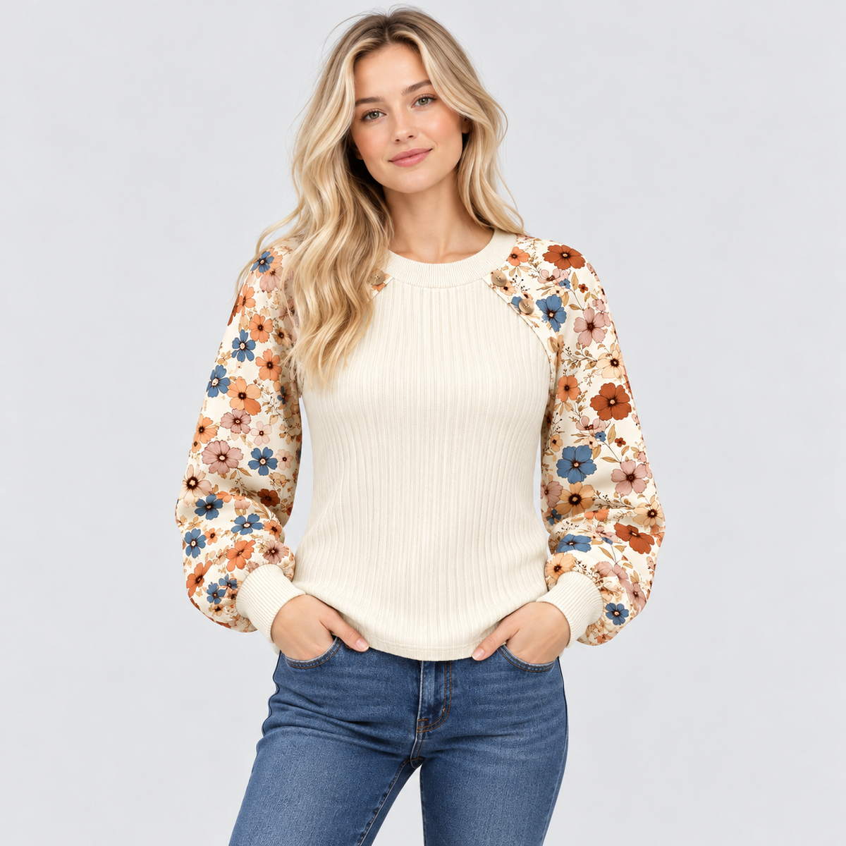 Ribstrikket Sweater til Damer - Lange Ærmer med Blomsterprint