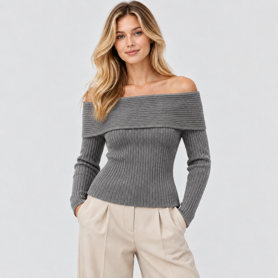 Off-Shoulder Sweater til Damer - Foldet Halsudskæring, Lange Ærmer