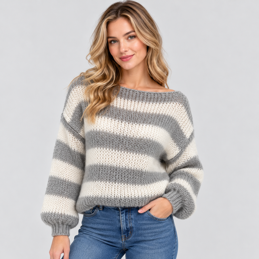 Stribet Sweater med Bådhals til Damer - Strik med Faldende Skuldre